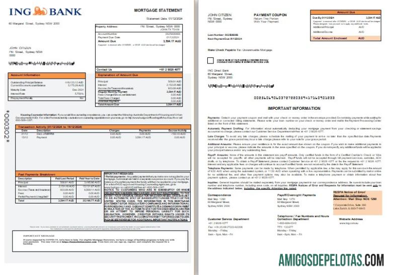 Extrato de hipoteca do banco direto ING da Austrália, 3 páginas, 1 2 Scr baixar para verificação